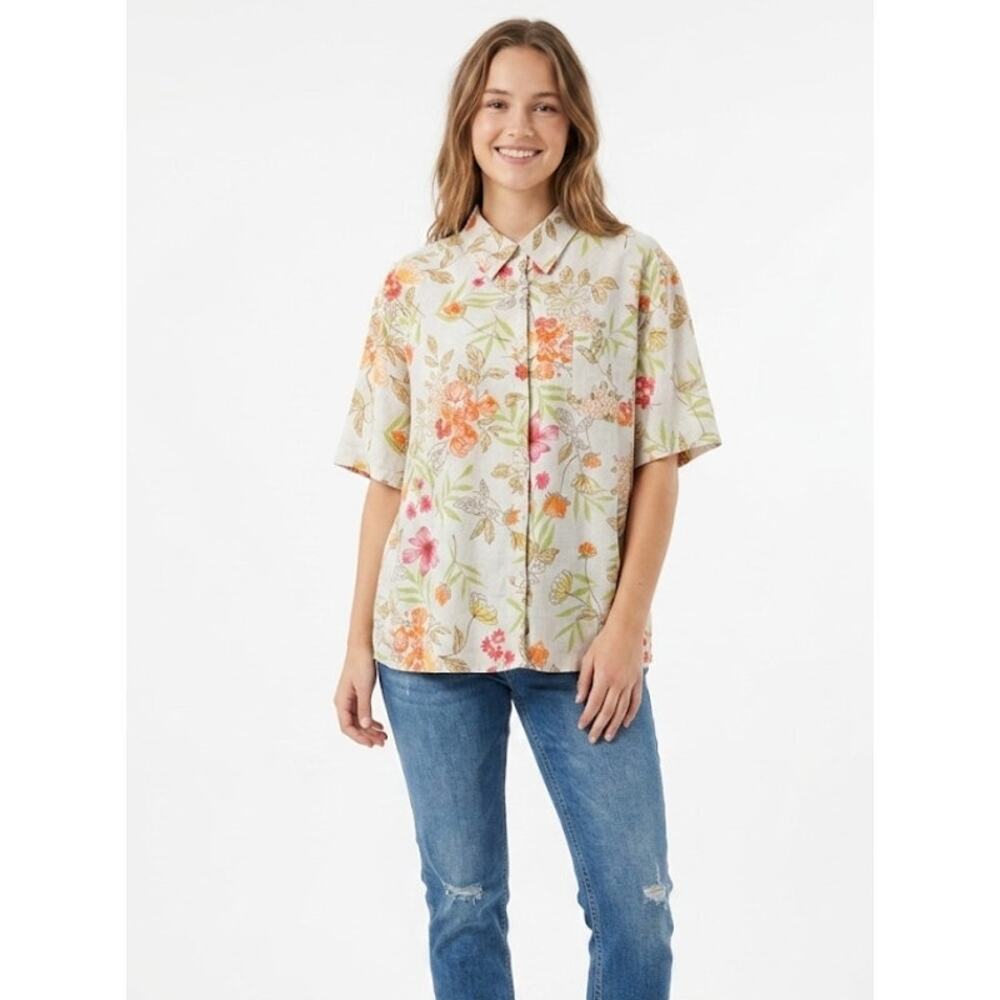 Erika Women Floral Top Blouse Shirt 3XL Linen Rayon